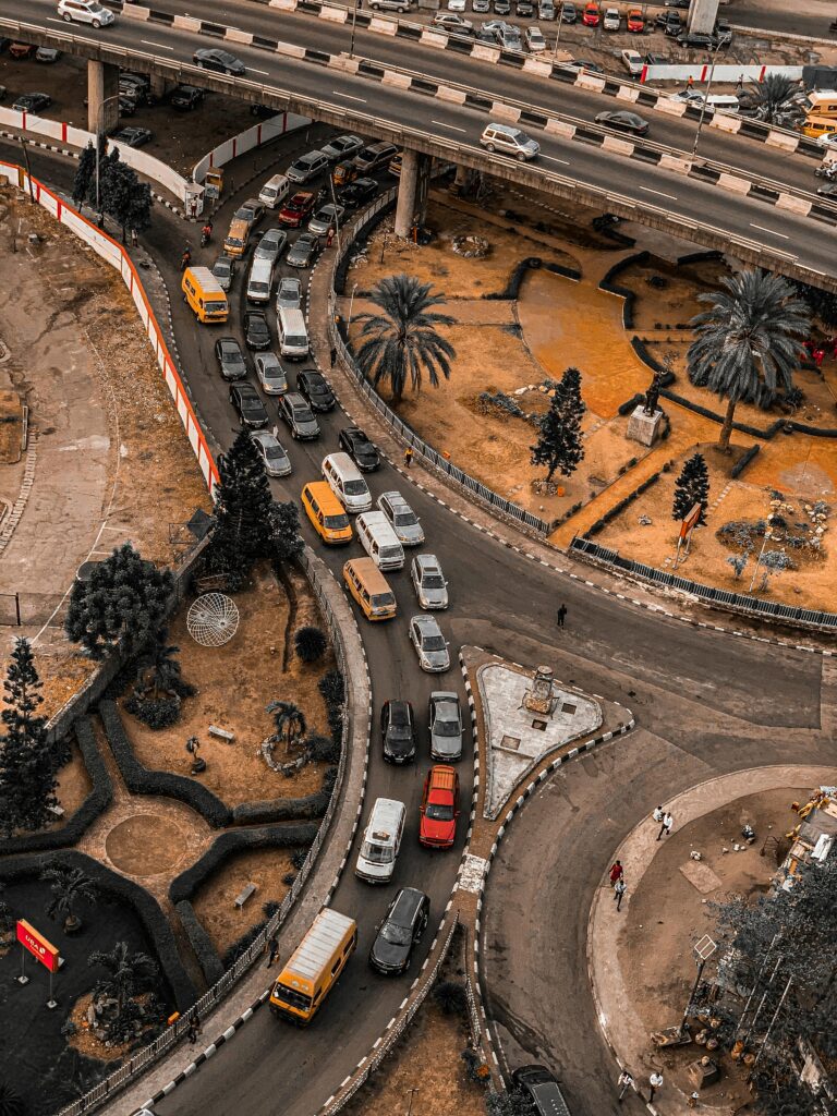 A high-angle shot capturing bustling traffic in Lagos, Nigeria, showcasing urban life and infrastructure.